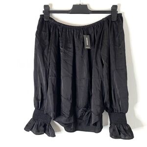 Express Black Satin Off Shoulder Bell Sleeve Blouse NWT Ruffle Smocked Top